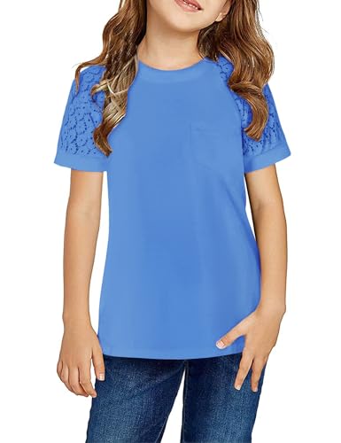 Image of Girls Summer Short Sleeve Shirts Lace Casual Cute Crew Neck Solid Color Blouses Tops Sizes 6-15 Years