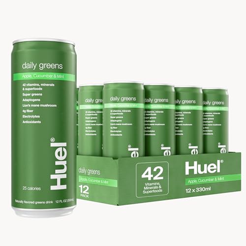 Huel Daily Greens Ready-to-Drink | Apple Cucumber Mint Superfood Greens | 91 Vitamins, Minerals, and Wholefood-Sourced Ingredients | Adaptogens, Antioxidants, Gut-Friendly Probiotics | 12 Fl Oz, 12 Pk