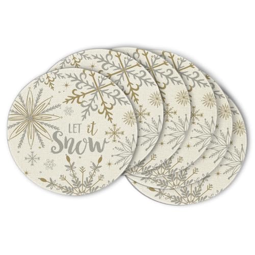 Artoid Mode Beige Snowflake Let It Snow Winter Placemats Set of 6, 14 Inch Seasonal Christmas Xmas Round Table Mats for Dining Decoration