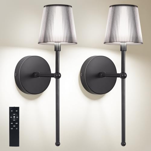 Image of TaoFiaCo Battery Operated Wall Sconces Set of 2,Wireless Wall Sconce Black | 5200mAh Rechargeable, Remote, Timer, Dimmable, Cordless Wall Light for Bedroom Living Room, Hallway, Light Decor
