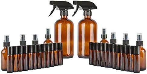 Lotusbtdt Glass Spray Bottle, Empty Amber Glass Spray Bottles Kit - Essential Oils - Cleaning Products - Aromatherapy (16OZ, 4OZ) x 2, 2OZ x 3, 10 ml Roller Bottle x 24