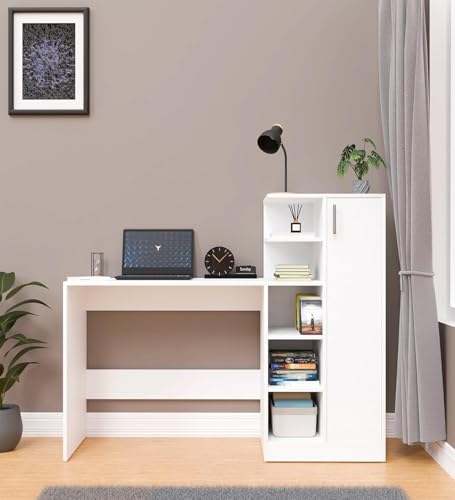 Image of Avenue Venture Multipurpose Desk for Office, Study with Book Storage Engineered Wood Multipurpose Table (Free Standing, Finish Color - Columbain White, DIY(Do-It-Yourself)) (White)