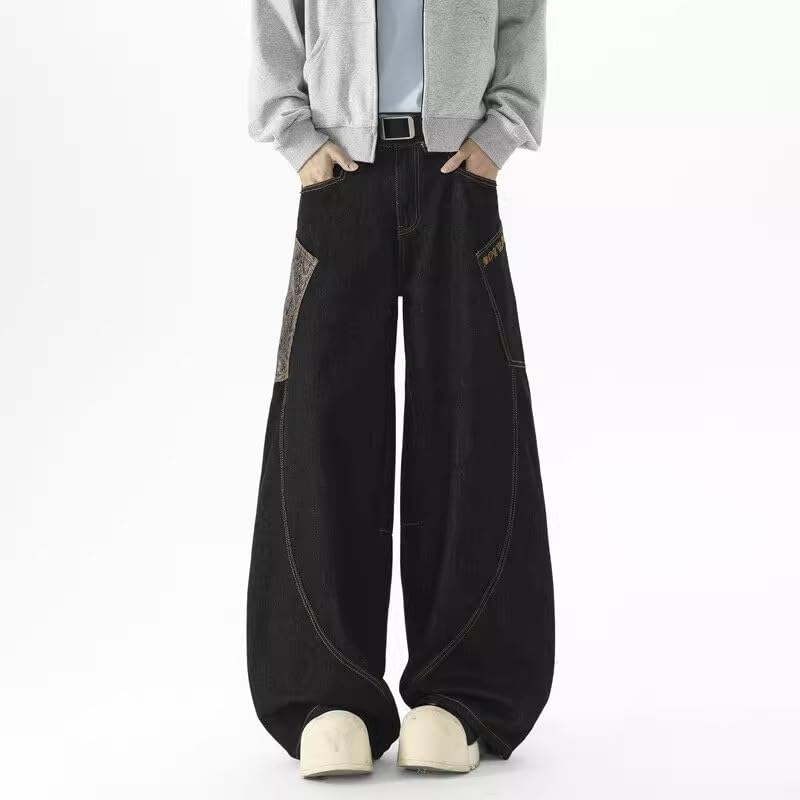 Men's American Retro Color Block Denim Jeans Wide Leg2