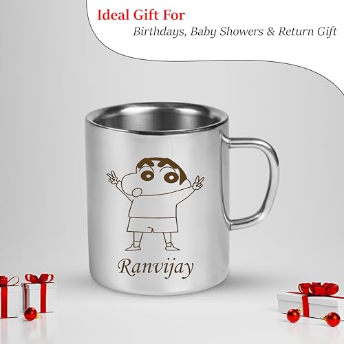Image of SAVRI Personalized Stainless Steel Mug for Kids with Customized Name Engraved & Cartoon Design | 220 ml Double Wall Insulated Mug for School, Milk, Juice & Water (Shinchan)