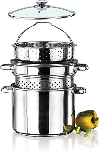 Stainless Steel 4 Pcs Pasta Cooker Set - 8 qt Stock Pot with Steamer Inserts