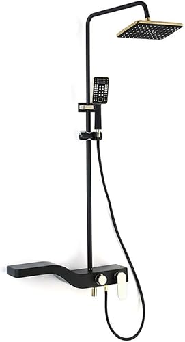Rain Black and Gold - Mezclador de ducha con cabezal de ducha, ducha de mano, bañera y estante de almacenamiento