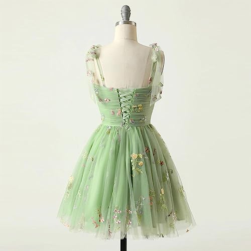 Image of Women's Tie Strap Tulle Prom Dresses Sweetheart Flower Embroidery Dress Short Formal Party Mini Homecoming Dresses