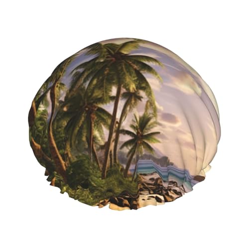 Gorro de ducha con estampado de palmeras y árboles para mujer, doble capa, impermeable, elástico, reutilizable, protección para el cabello, para spa, salón de baño, damas