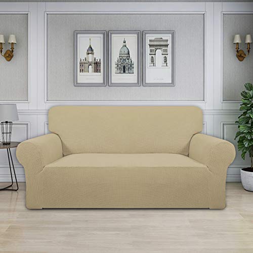 Image of Easy-Going Stretch Oversized Loveseat Slipcover 1-Piece Sofa Cover Furniture Protector Couch Soft with Elastic Bottom for Kids Polyester Spandex Jacquard Fabric Small Checks Beige