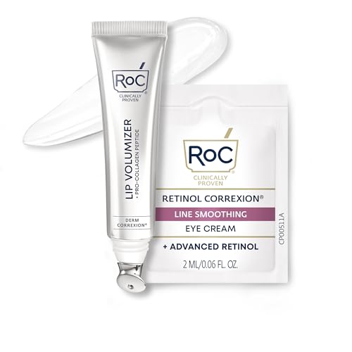RoC Derm Correxion Lip Volumizer - Lip Plumper Peptide Treatment with Hyaluronic Acid & Vitamin E + Line Smoothing Eye Cream Packette