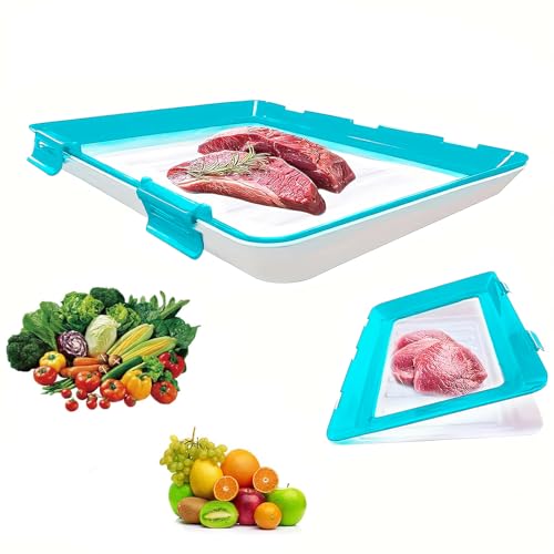 OEHUG Stretch Storage Fresh Silicone Food Trays 12 x 8.6 Stackable Cold Meat Containers with Buckle Sealing Vacuum Food Preservation Tray for Meat Vegetable Fruit (Blue*1)