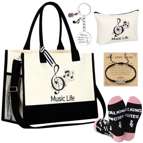 Cotwinter 6 Pcs Back to School Musician Gift for Women Include Music Notes Canvas Tote Bag Makeup Bag Crew Socks Bracelet Card Keychain for Music Lovers Students Teachers Musicians