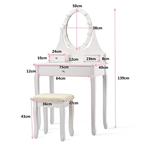 COSTWAY Kaptafel met 10 plastic roze-vormige LED-lampjes, 360° roterende ovale make-up spiegel, 3 lades kaptafel met… - Image 8