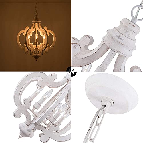 Chords Attic 6-Candle Light White Wooden Chandelier, Farmhouse Wooden Pendant Lighting Fixture, H24.4 X D17.8 With 70" Adjustable Chain #TOP4