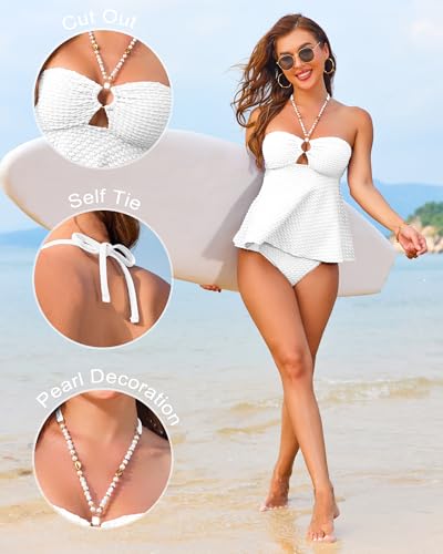 Women Bandeau Swimsuit Two Piece - Tummy Control Bathing Suit Full Coverage High Waisted Bikini Sets Halter Teens4