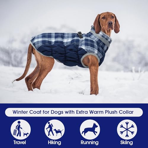 Image of FUAMEY Dog Cold Weather Coats Reflective Dog Warm Jacket with Harness | Fleece Winter Coat for Medium Dogs Snow Puffer Vests with Zipper Reflective Turtleneck Jackets for Winter Blue Plaid M