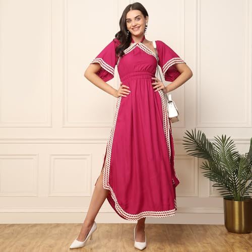 Image of DEEBACO Women's Solid Rayon Slit Ankle Length A-Line Dress|Sleeveless|Halter Neck|Casual Trending Fashion Long One Piece Dresses Women Western