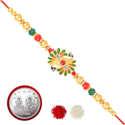 Image of Designer Rakhi (Pack of 1) | 1 Laxmi-Ganesh Coin | Roli-Chawal Pack With Greeting Card | Happy Rakshabandhan | Send Rakhi for Brother /Bhai /Bhaiya /Bhabhi /Kids | Rakhi Gift