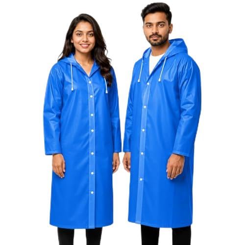 EVA Reusable Raincoat with Hood (Black) - Elasticated Full Sleeves Outdoor Waterproof Raincoat for Men & Women | Rainwear | Button Closure | Knee Length | (Pack of 1)-picture-52