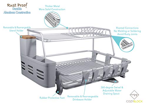 CozyBlock Aluminum 2-tier Dish Drying Rack with Utensil & Wood Cutlery Holder – Rust Proof Kitchen Countertop Dish Rack with Extra Large Drainboard Set – Bonus Drinkware Clips