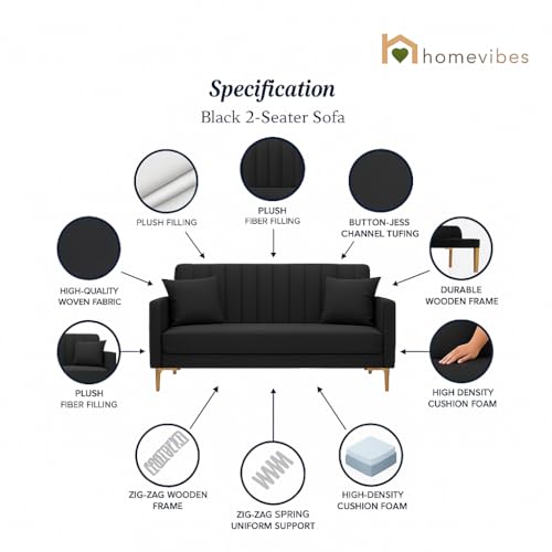 Image of 3+2 Seater Velum Fabric Sofa Set for Living Room, Modern Design with High Density Foam, Solid Wood Frame, Ergonomic Comfortable Seating for Home & Office (Black, 2 Seater) | Soft foam comfort, Strong wood frame