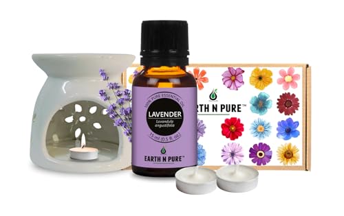 Image of Earth N Pure Diffuser Gift Set | Pack of - 1 Lavender Essential Oil Therapeutic Grade - 15ml, 1 Ceramic Aroma Diffuser /Burner, 2 Tealight Candles | for Home Decor