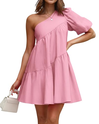 Image of KIRUNDO Summer One Shoulder Mini Baby Doll Dresses Women 2026 Casual Puff Sleeve Loose Tiered A Line Flowy Short Dress