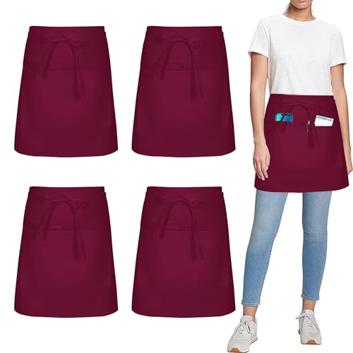 umboom 4 Stück Vorbinder Schürze, Rot Küchenschürze mit 3 Taschen, Kurz Koch Schürzen, Kellnerschürze Grillschürze Baristaschürze Taillenschürze für Herren Damen (Rot - Polybaumwolle)