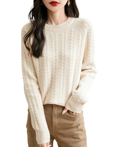 Women's Crew Neck 100% Merino Wool Sweater 2025 Fall Winter Vintage Cable Warm Long Sleeve Knit Pullover Tops