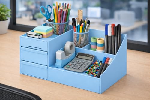 Image of ROKTRY Multi-Functional Desk Organizer for Office & Home - All-in-One Stationery Stand with 2 Drawers, Pen Holders,Premium Space-Saving Desktop Storage Box for Students,Gifting (Sky Blue)