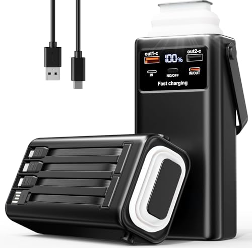 Image of Power Bank 52800mAh PD 35W High Capacity Battery Pack with Built-in 4 Cables & LED Flashlight - 8 Port Portable Charger for Travel, Outdoor, and Multiple Device Charging (Black, Milliamp Hours, 52800)