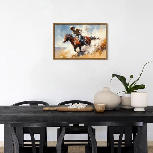 Image of Cowboy Canvas Wall Art Vintage Western Framed Wall Decor Horse Rider Canvas Prints Rodeo Wall Art Farmhouse Western Artwork for Living Room Bedroom Office Rustic Country Decor Home Decorations 16x24