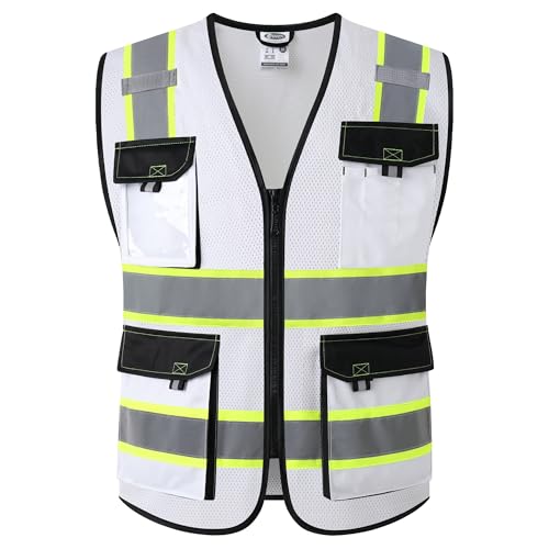 Image of JKSafety Hi Vis Reflective Safety Vests for Men Women High Visibility Vest with Pockets Mesh Fabric Construction Safety Apparel Neon Vest for Work (220-White S)