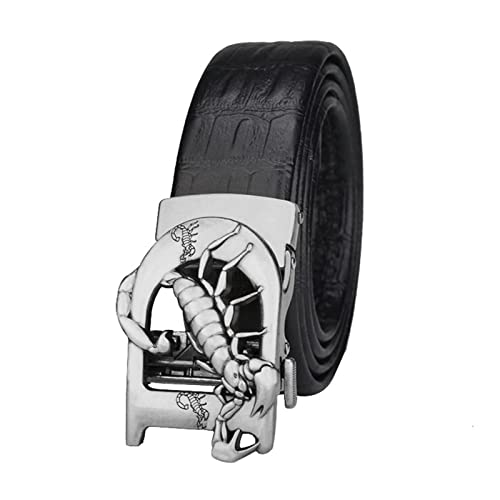 Men's Leather Belt with Scorpion Buckle, Fashionable and Personalized Retro Belt Suitable for Jeans and Suits,Black Silver,115CM/45.3''2