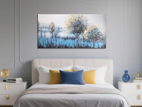 Image of Arjun Tree Wall Art Canvas Teal Landscape Painting Blue Forest Textured Picture Modern Panoramic Abstract Nature Artwork Large Size Framed for Living Room Bedroom Bathroom Home Office Wall Decor