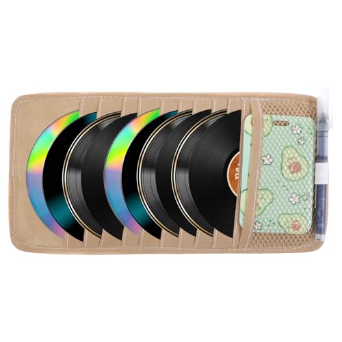 JJUNW Car CD Holder Storage Case, Car CD Case Holder, Car Truck SUV Visor Organizer, Khaki Large Capacity CD Visor Case with 10 DVD Storage Sleeves 1 Mesh Pocket 1 Pen Holder Elastic Strap