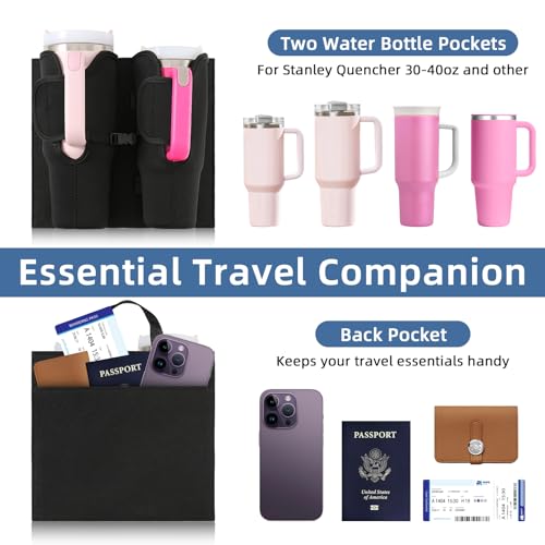 Image of Luggage Cup Holder for Suitcases, Compatible with 30-40 Oz Stanley Tumblers, Foldable Luggage Cup Holder with Phone & Ticket Pocket, Waterproof Hands-Free Travel Accessory (Black)