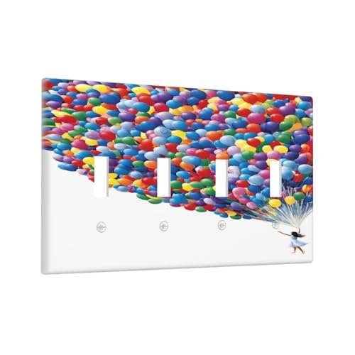 Decorative Switch Covers Plate Girl Holding Colorful Balloons 4 Gang Wall Plate Oversized Quad Toggle Light Switch Plate Jumbo Faceplate for Country Bedroom Home Decor