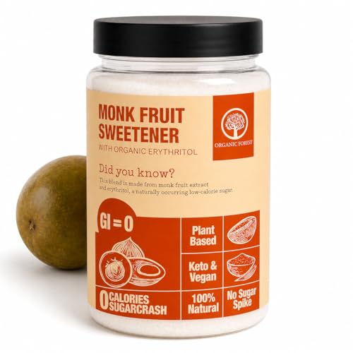 Image of Organic Forest Monk Fruit Sweetener with Erythritol | Zero Calorie Sugar Free Natural Sweetener | Keto & Diabetic Friendly | NABL GI Tested | 450g