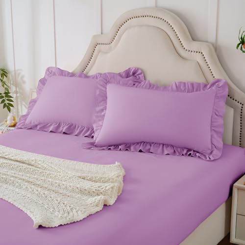 Image of Homiest 3-Pieces Ruffle Pillow Case & Fitted Sheet Set, Lavender Full Sheets with 2 Ruffled Pillow Shams, 15 Inch Deep Pocket, Cute & Coquette Microfiber Bed Set for Decorating Bedroom Hotel