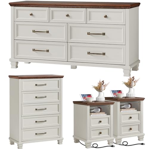 SAVOR LIFE Farmhouse Dresser and Nightstand Sets 4 Piece, 5/7 Drawer Dresser & 2 Drawer Nightstand Set, Rustic Wood Bedroom Furniture Set for Home, Bedroom, Hallway, White