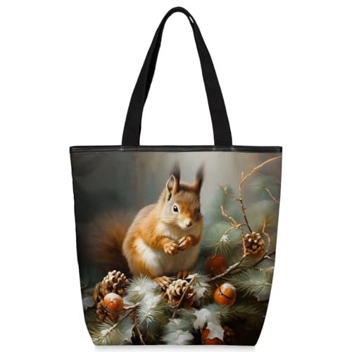 Mularoka Nutty Branch Squirrel Canvas Tote Bag with Zipper and Pockets Canvas Tote Shopping Bag Women Reusable Grocery Bag for Beach Travel Gym Shopping