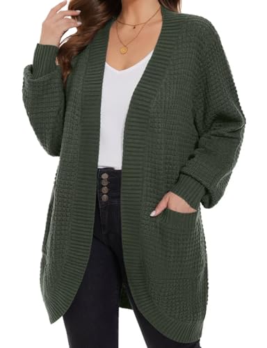 Image of MONNURO Womens Plus Size Open Front Cardigan Waffle Knit Long Sleeve Sweaters Tops Fall Coat Outerwear with Pockets