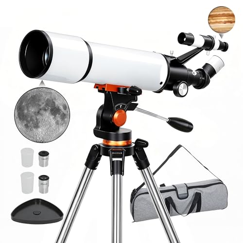 Outsunny Telescopio Astronómico para Adultos y Principiantes, Telescopio Refractor Portátil de 80 mm de Apertura con Aumento de 40X/16X, Trípode Ajustable, Montura Alt-Azimutal, Bolsa de Viaje, Blanco