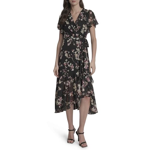 DKNY Women's Cap Sleeve Surplice Neck Side Tie Faux Wrap Midi Dress2