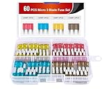60PCS Micro3 Fuse Blade Assortment Kit 3 Prong Micro Blade Fuses Replacement 5A 7.5A 10A 15A with Puller Tool