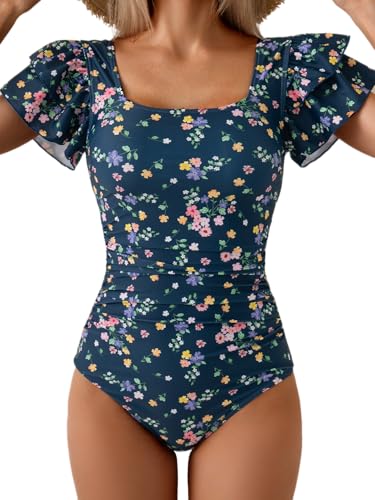 Image of Eomenie Women's Tummy Control One Piece Swimsuit Ruffle Square Neck Bathing Suit Ruched Cutout Back Slimming Swimwear