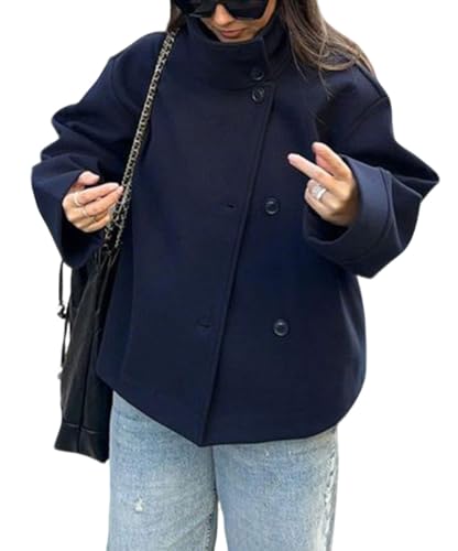 CHARTOU Women Crop Pea Coat Wool Blend Winter Loose Casual Short Jacket Outwear