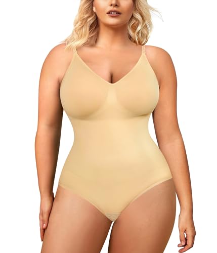 BRABIC Bodysuit for Women Seamless Tummy Control Shapewear Sleeveless Tank Tops Body Shaper, Beige Brief, Medium/Large
