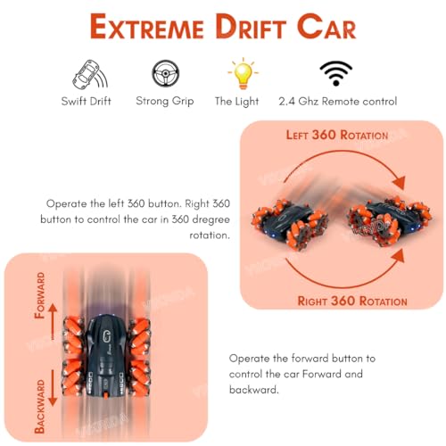 Image of Vikrida 2.4GHz Remote Control Extreme Drift Stunt Car for Kids | 360 Degree Limit Drift Car, Left & Right Rotation - Orange